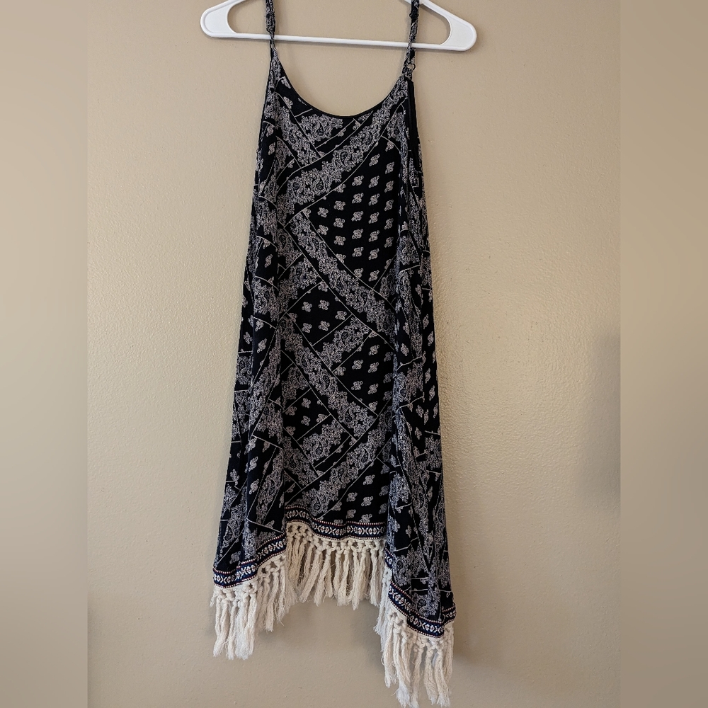 5TH & LOVE Dress,Navy Blue, Ivory & White,Hippy Boho Fringe, Adjustable Tank